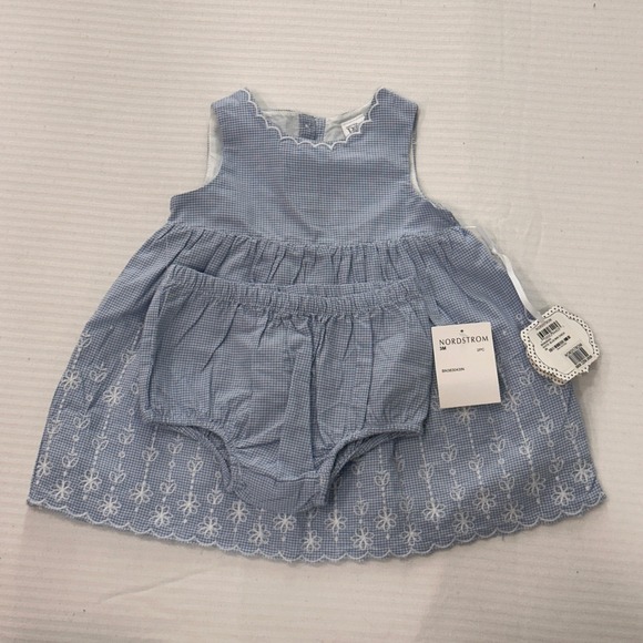 Nordstrom Baby Blue Gingham Eyelet Dress Bloomers 2 Piece Set 3 Months, New - Picture 2 of 8